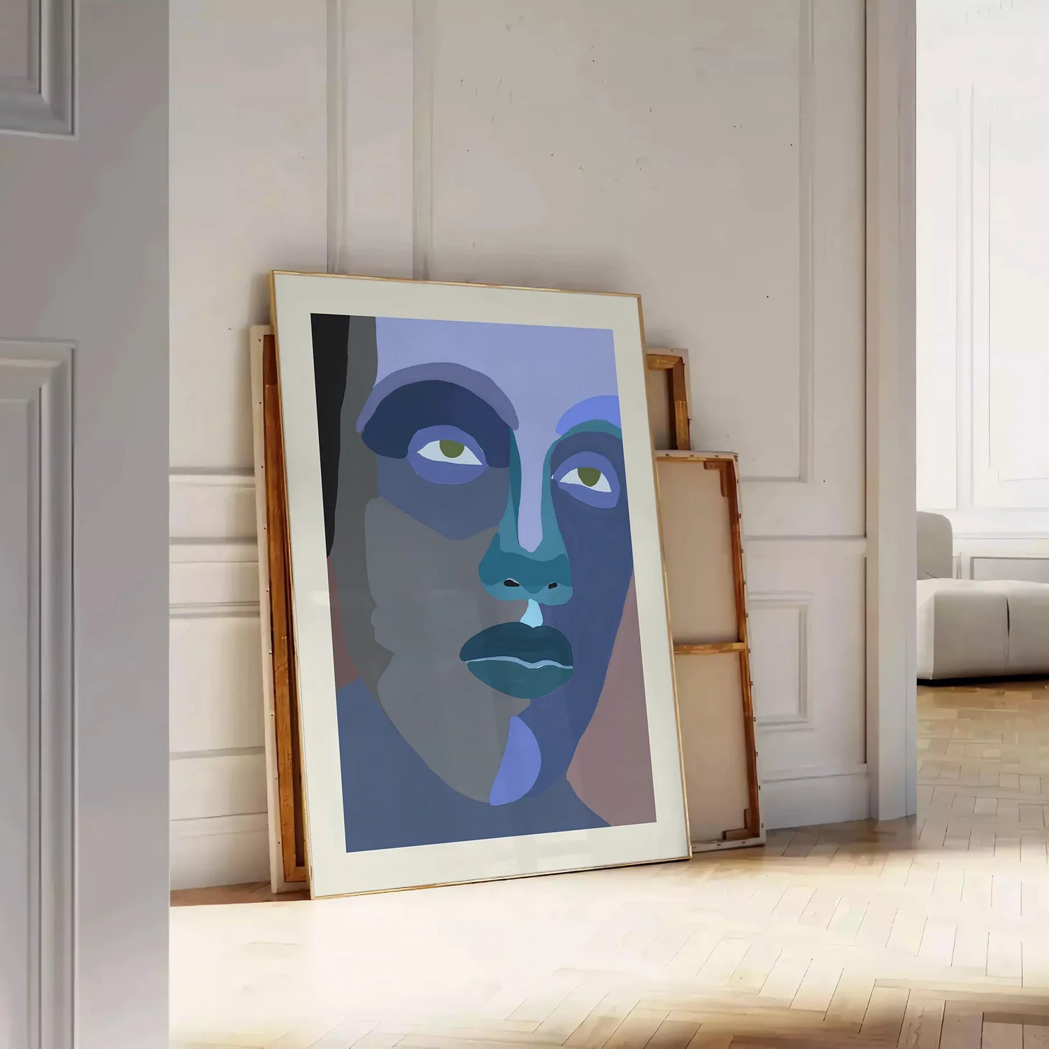 space abstract maximalist human poster captivating shades blue black striking wall art depth intrigue decor gift bold statement piece sizes A4 cm A0