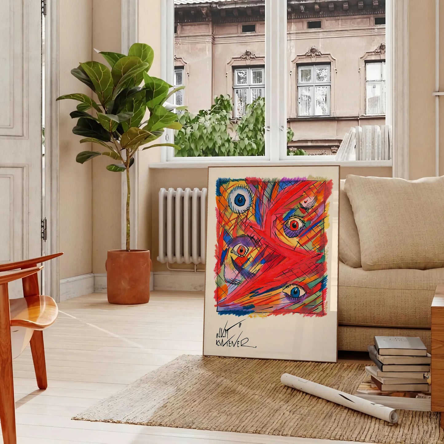 room vibrant abstract colored maximalist poster orange blue hues eye wall art unique gift artwork energy style space sizes A4 cm A0